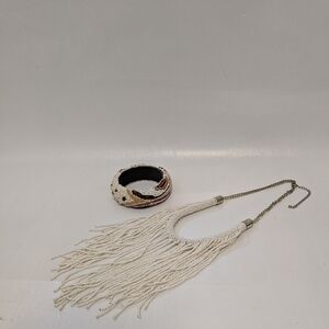 Beaded Fringe Necklace and Beaded Bangle - Ivory with Multicolor Accent
